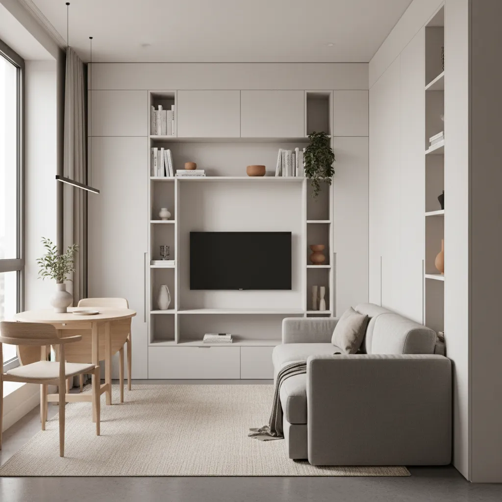 3D rendered small apartment interior showing optimized furniture layout