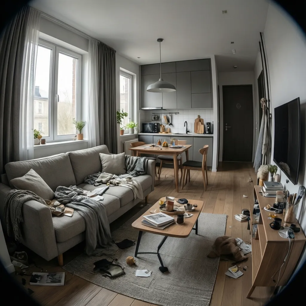 realistic interior render of a compact studio apartment