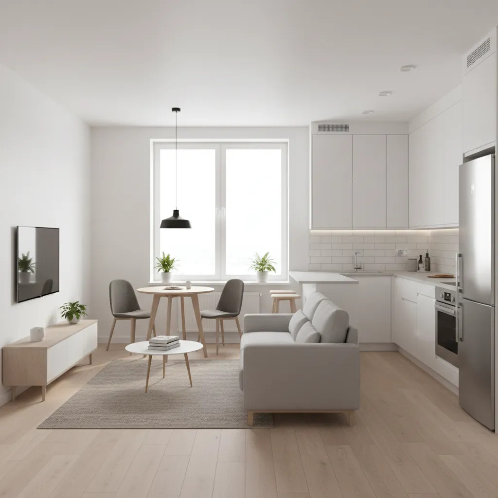 Compact 490 sq ft apartment interior showing open living and kitchen layout