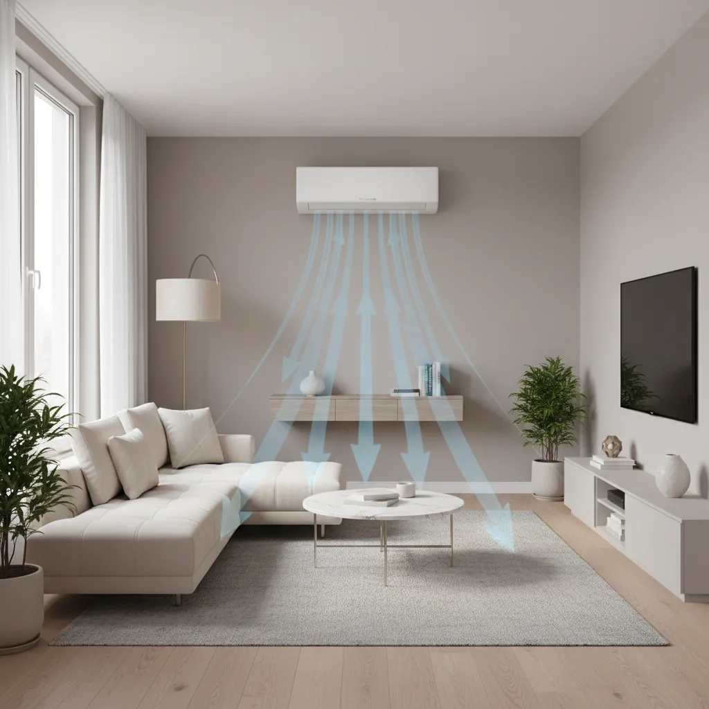 small apartment layout with wall AC unit and airflow direction arrows
