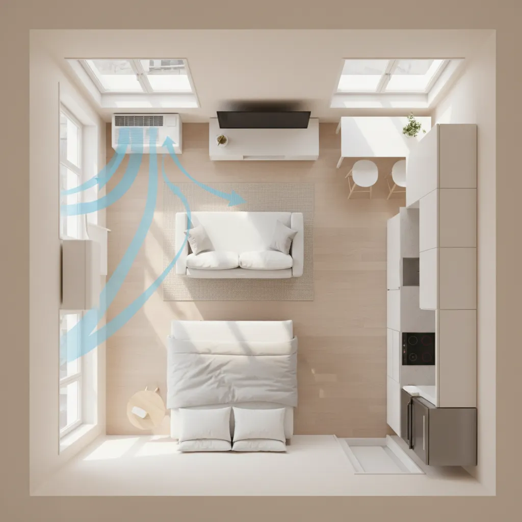 Small apartment layout showing airflow from window air conditioner across a 500 sq ft room