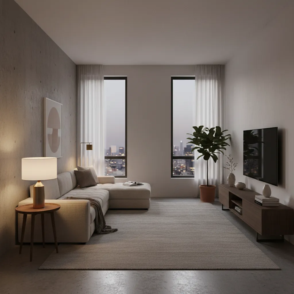 Small apartment living room with a sofa side table and warm accent lamp creating cozy lighting