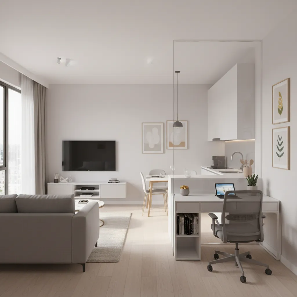 small apartment layout using acrylic partition to separate living and workspace