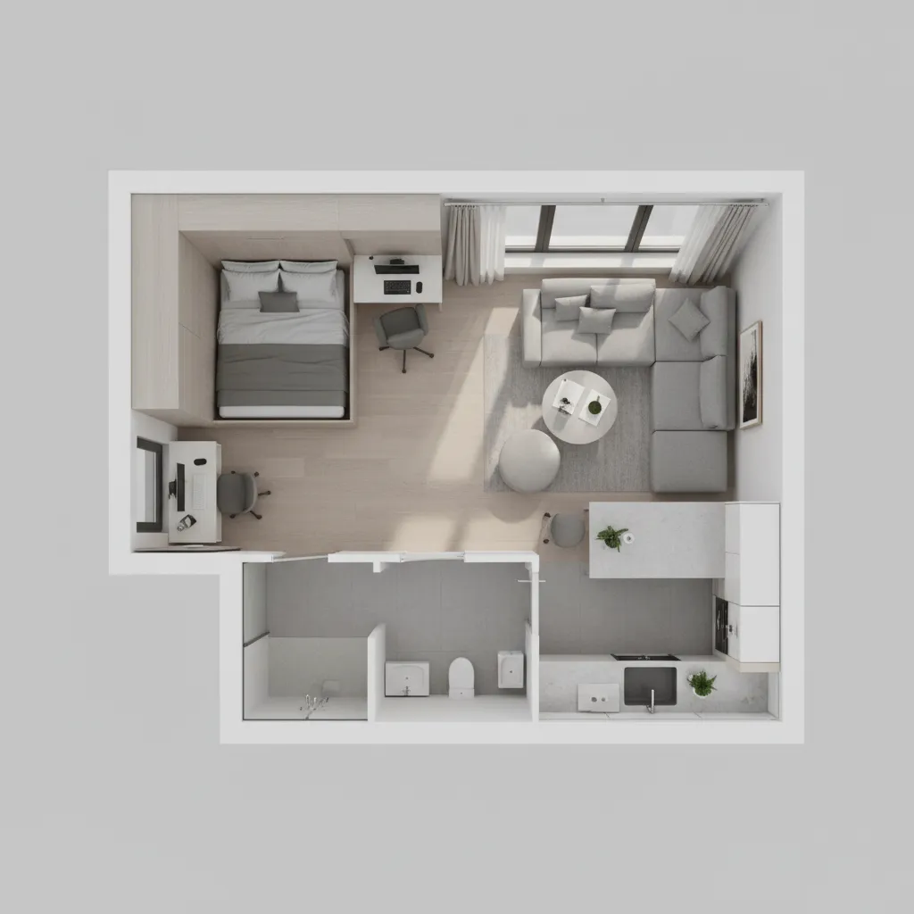AI generated small apartment layout with multifunctional furniture zones