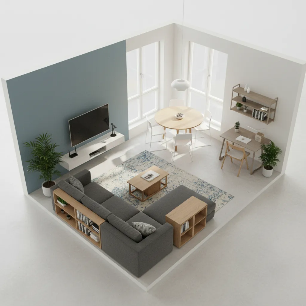 Interior design drawing showing small apartment layout with grey sofa dining table and office desk