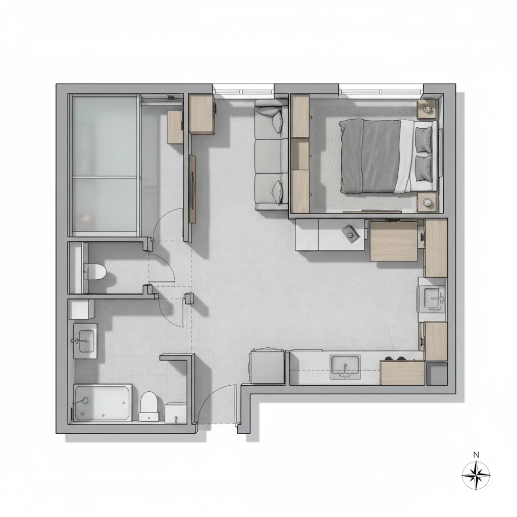 AI optimized small apartment floor plan showing efficient furniture placement