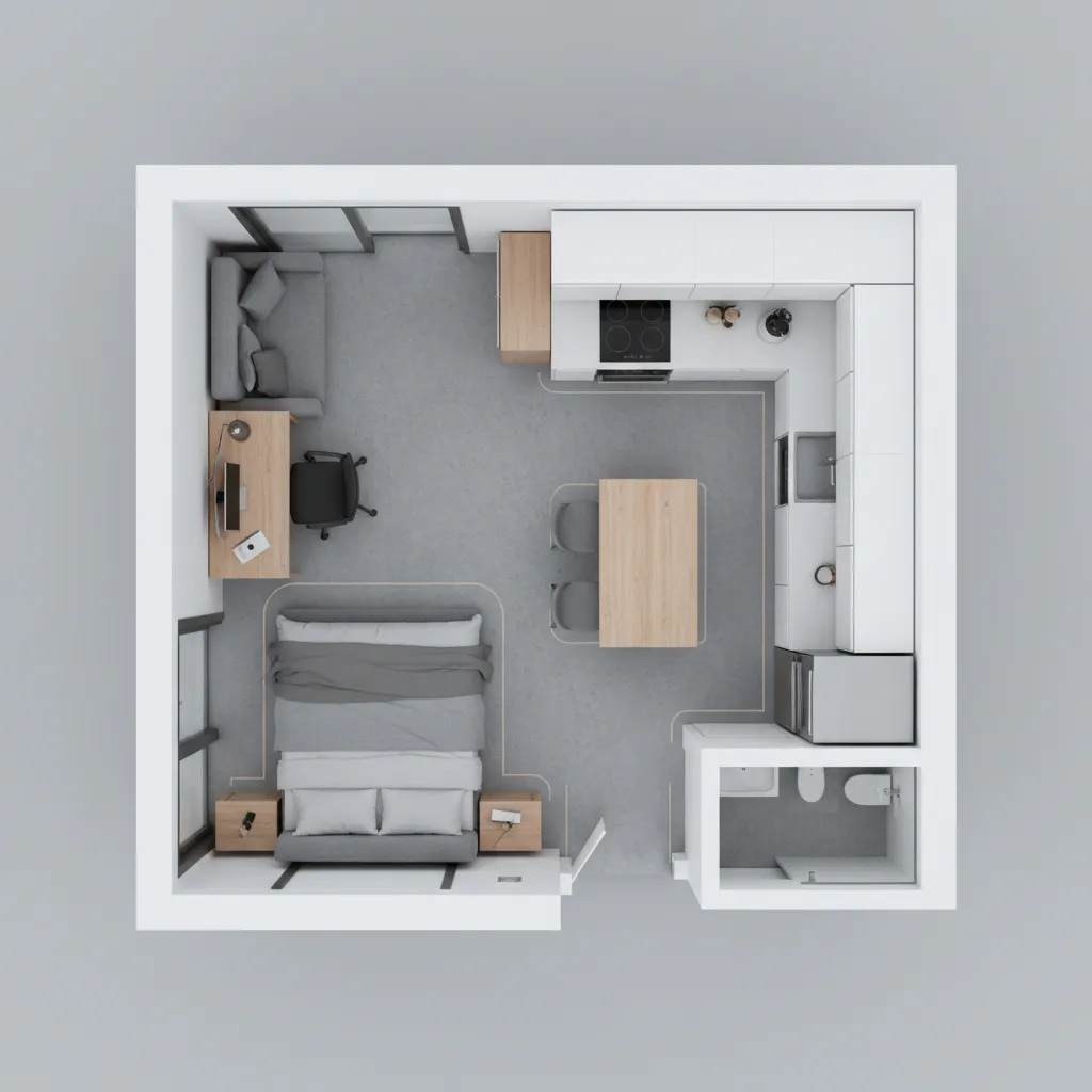 AI optimized small studio apartment floor plan layout