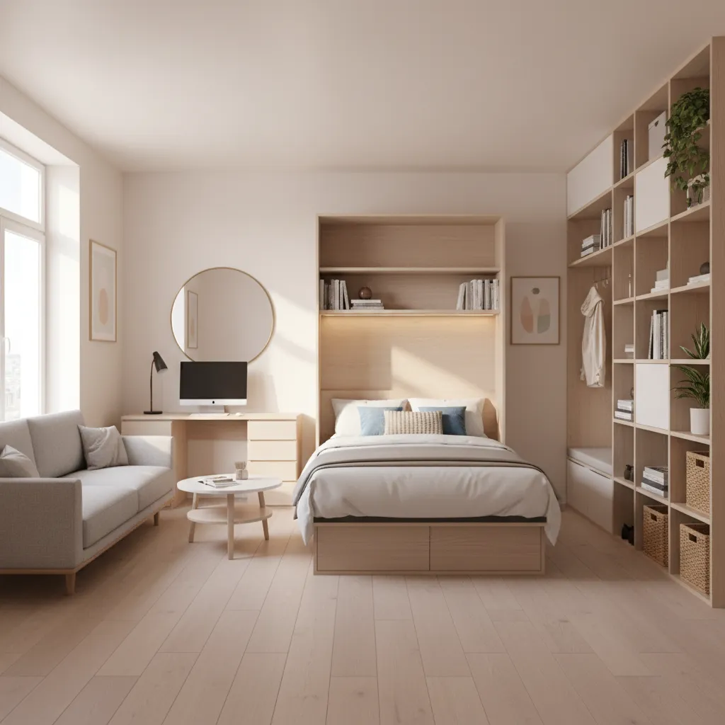 AI optimized small apartment layout with multifunctional furniture