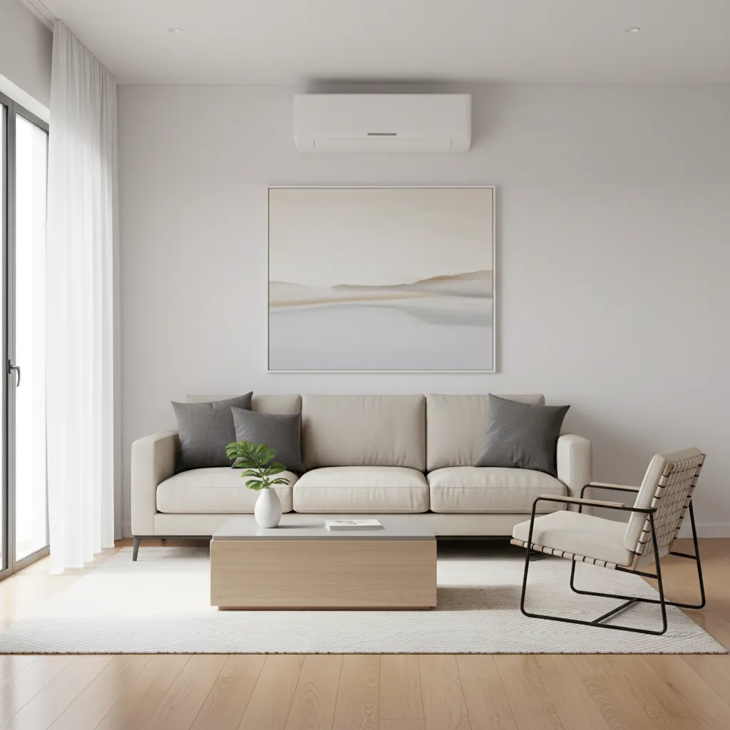compact apartment living room with wall mounted split air conditioner cooling the space