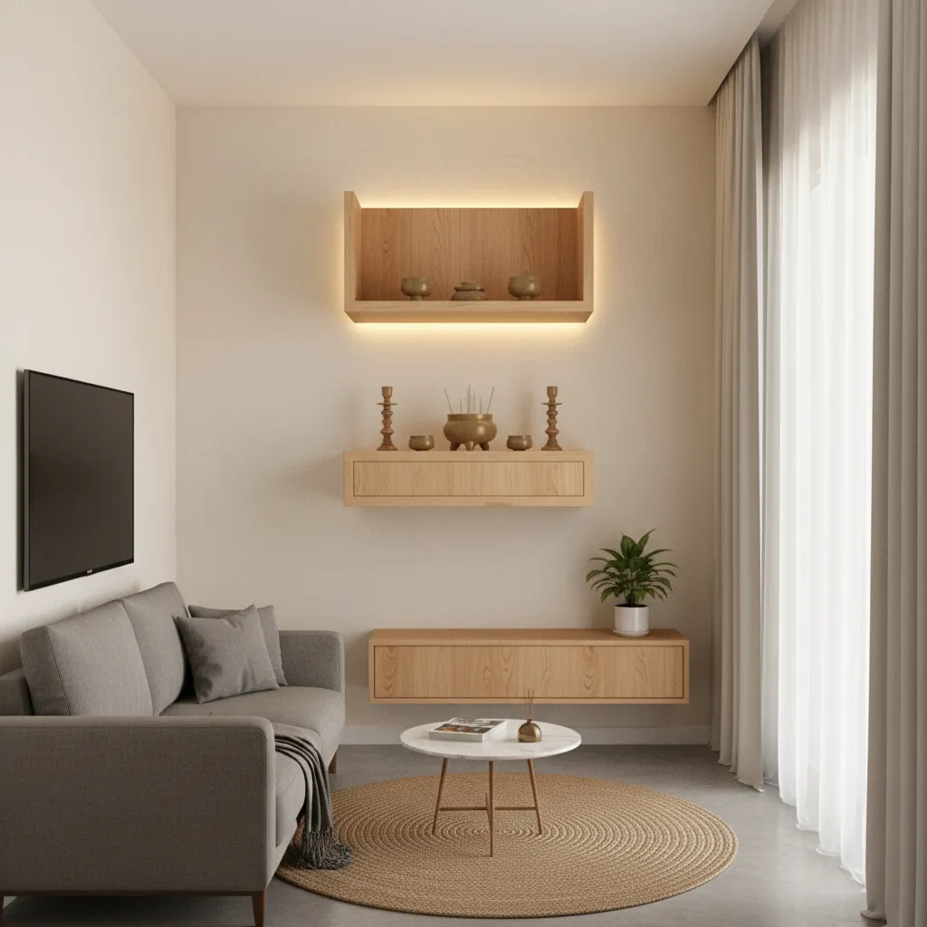 Minimalist living room with grey sofa, round rug, and wooden floating shelves for home altar