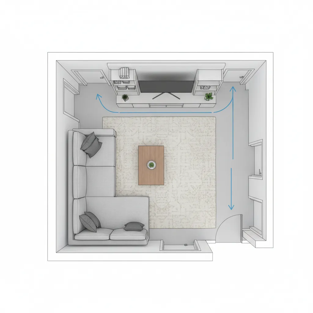 top view floor layout of small apartment living room with angled couch