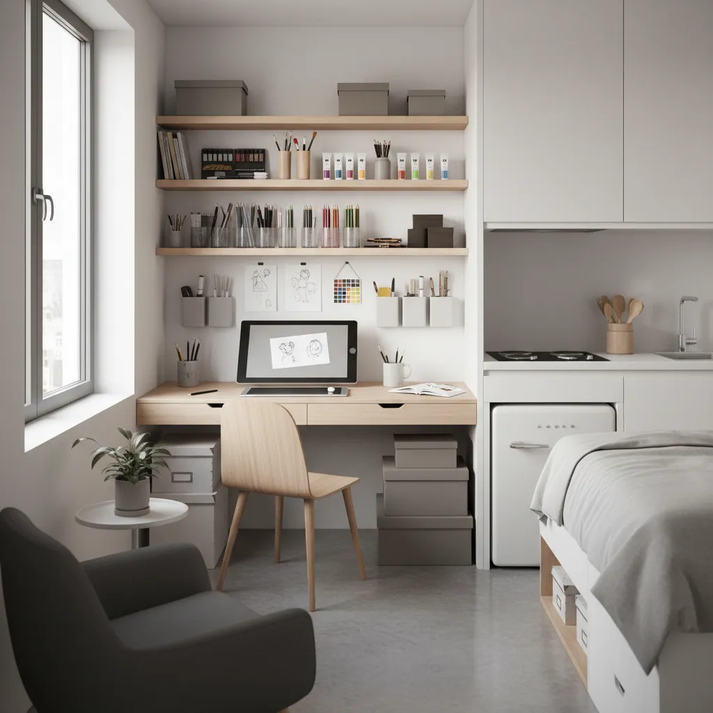 Illustrator working at compact desk in a small apartment studio setup