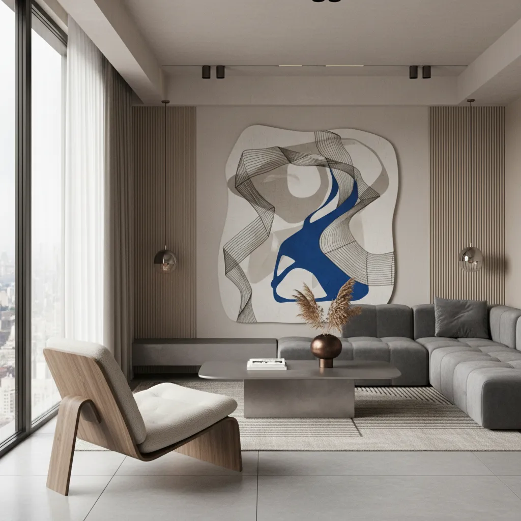 Compact apartment living room with avant garde furniture and artistic decor