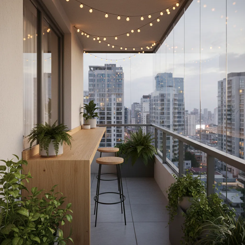 small apartment balcony with slim bar counter and stools