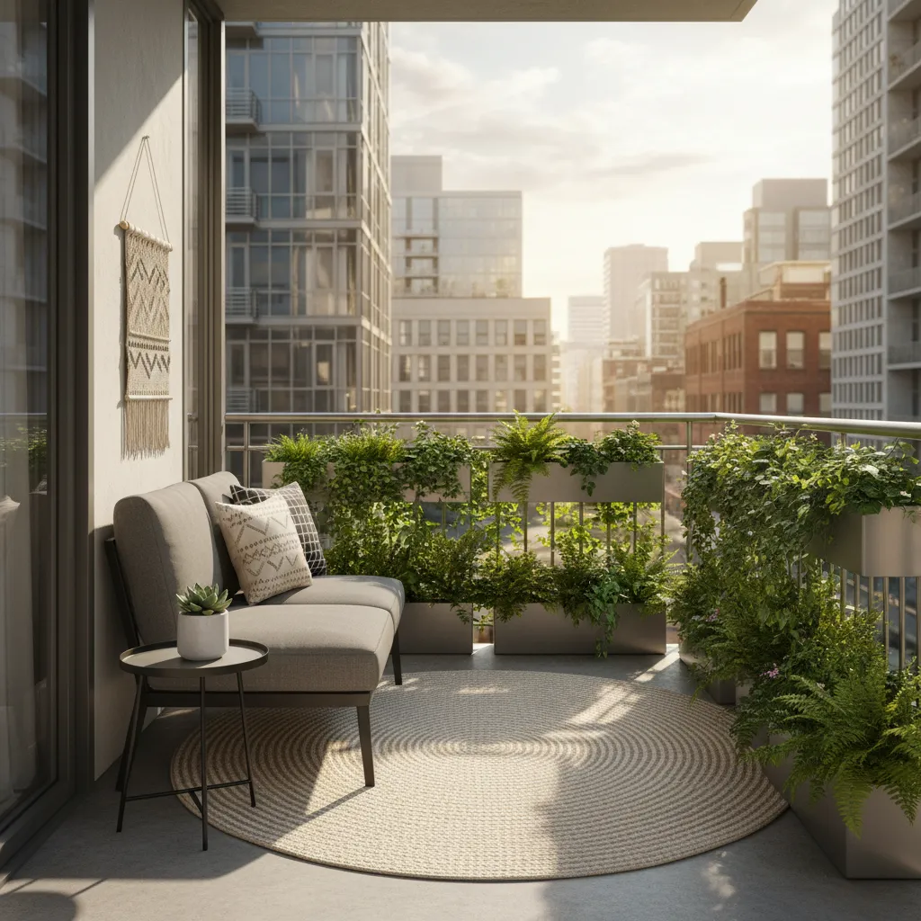 Small apartment balcony with compact seating and plants