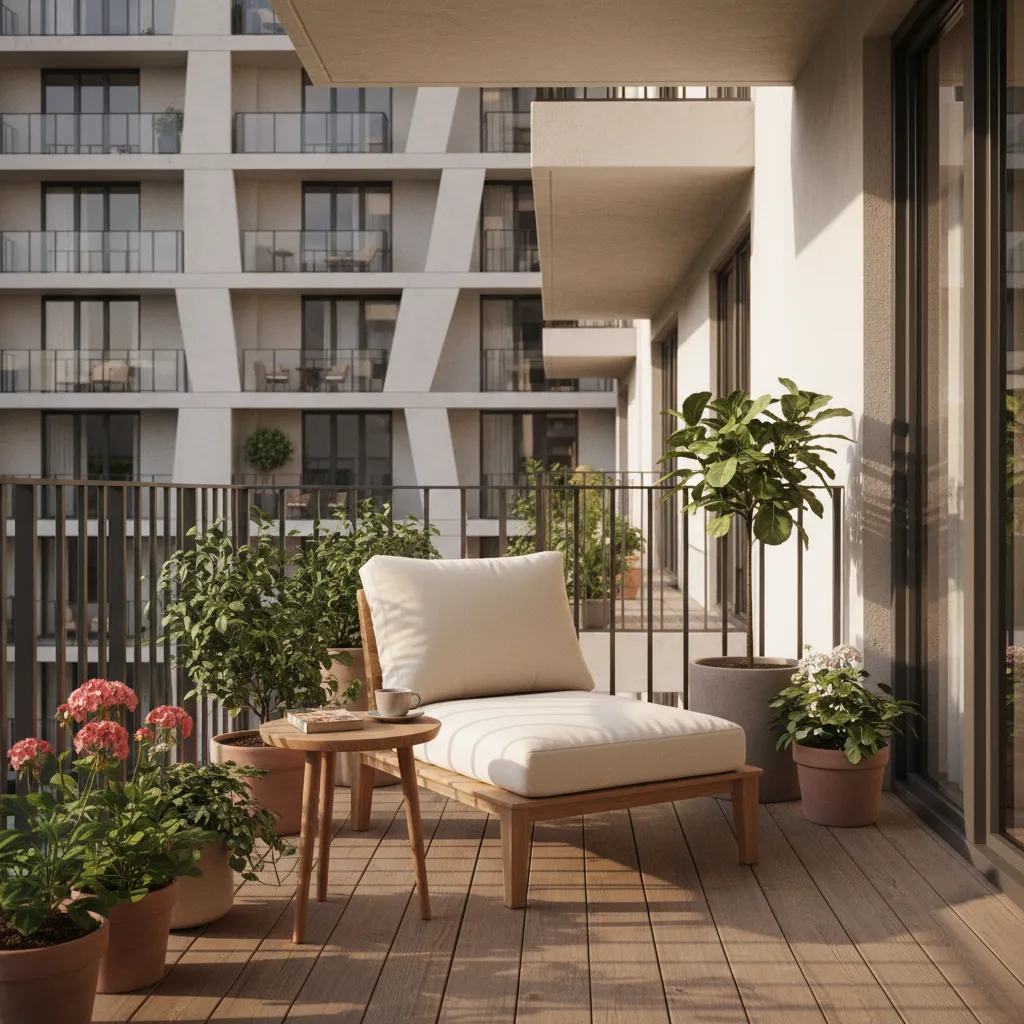 Small apartment balcony with cozy chair plants and minimal furniture