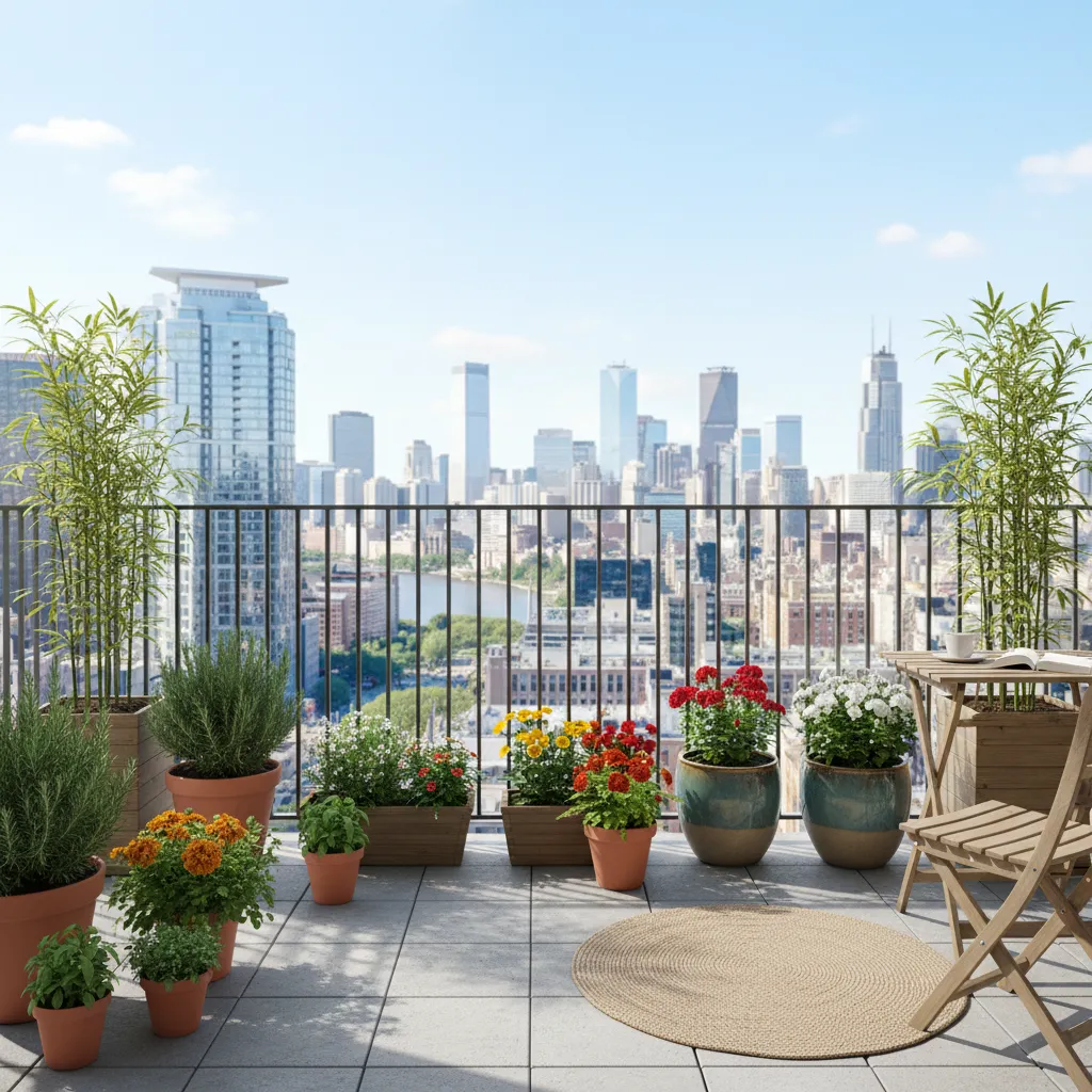 Small apartment balcony with plants and containers creating a compact urban garden