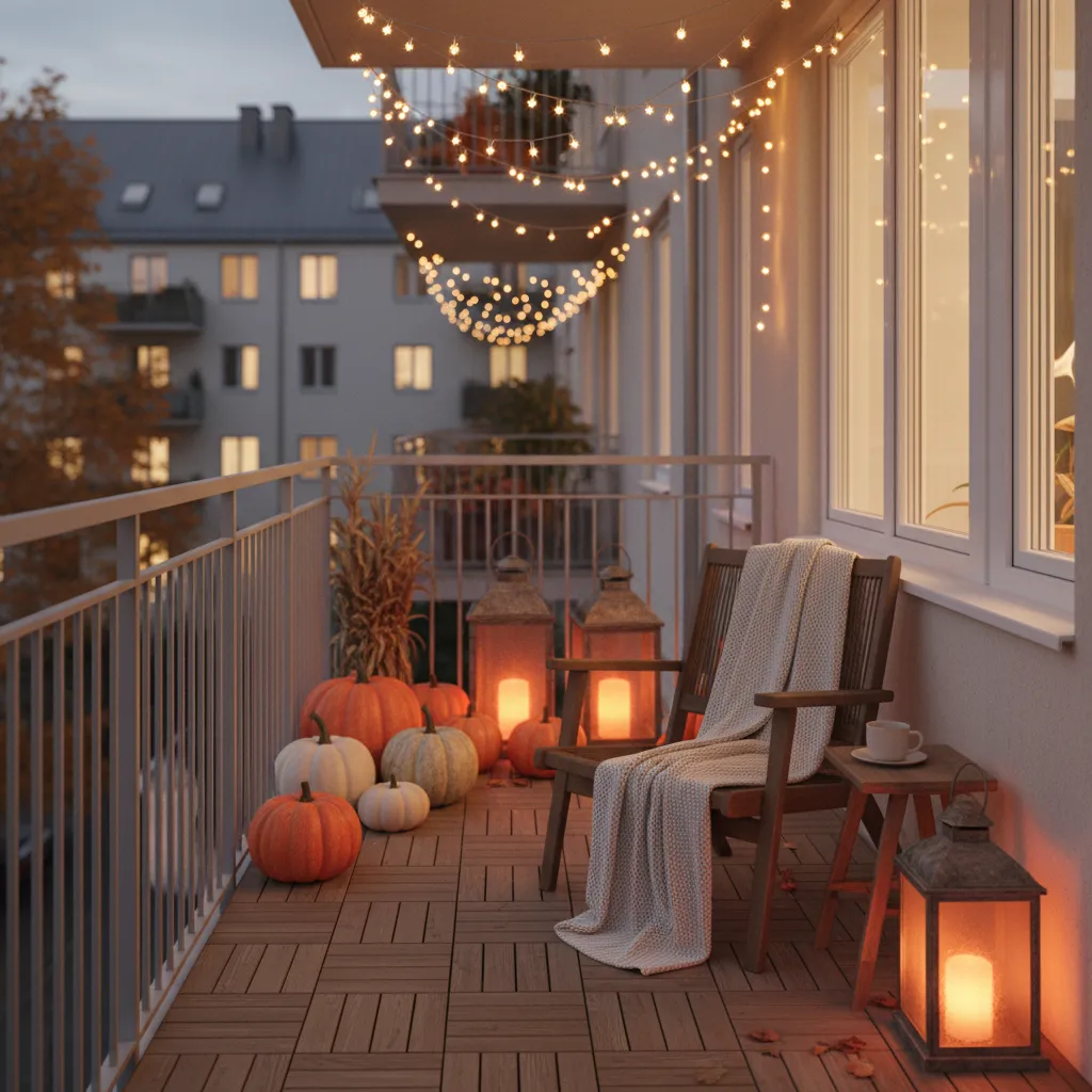 Small apartment balcony decorated with pumpkins lanterns and string lights