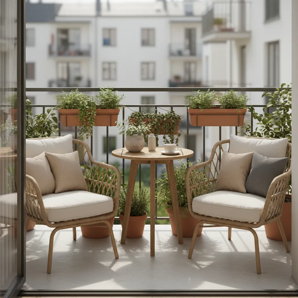 Small apartment balcony decorated with seating and plants