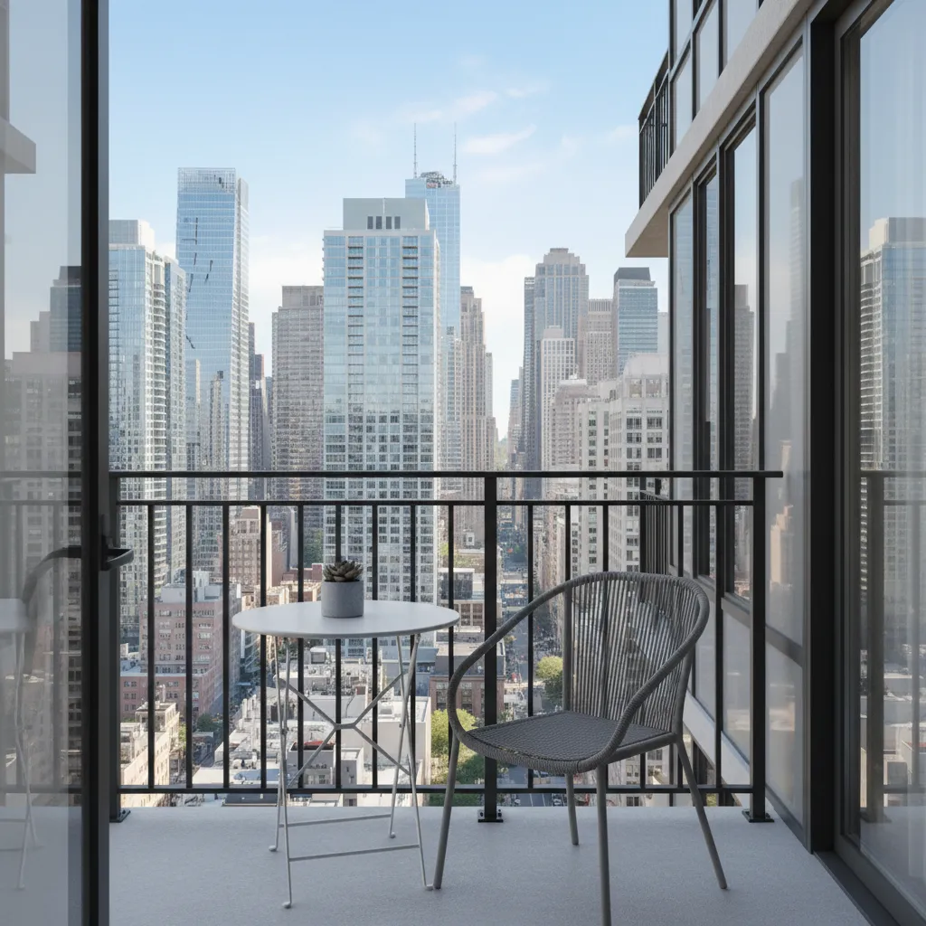 compact apartment balcony with modern railing and minimal furniture