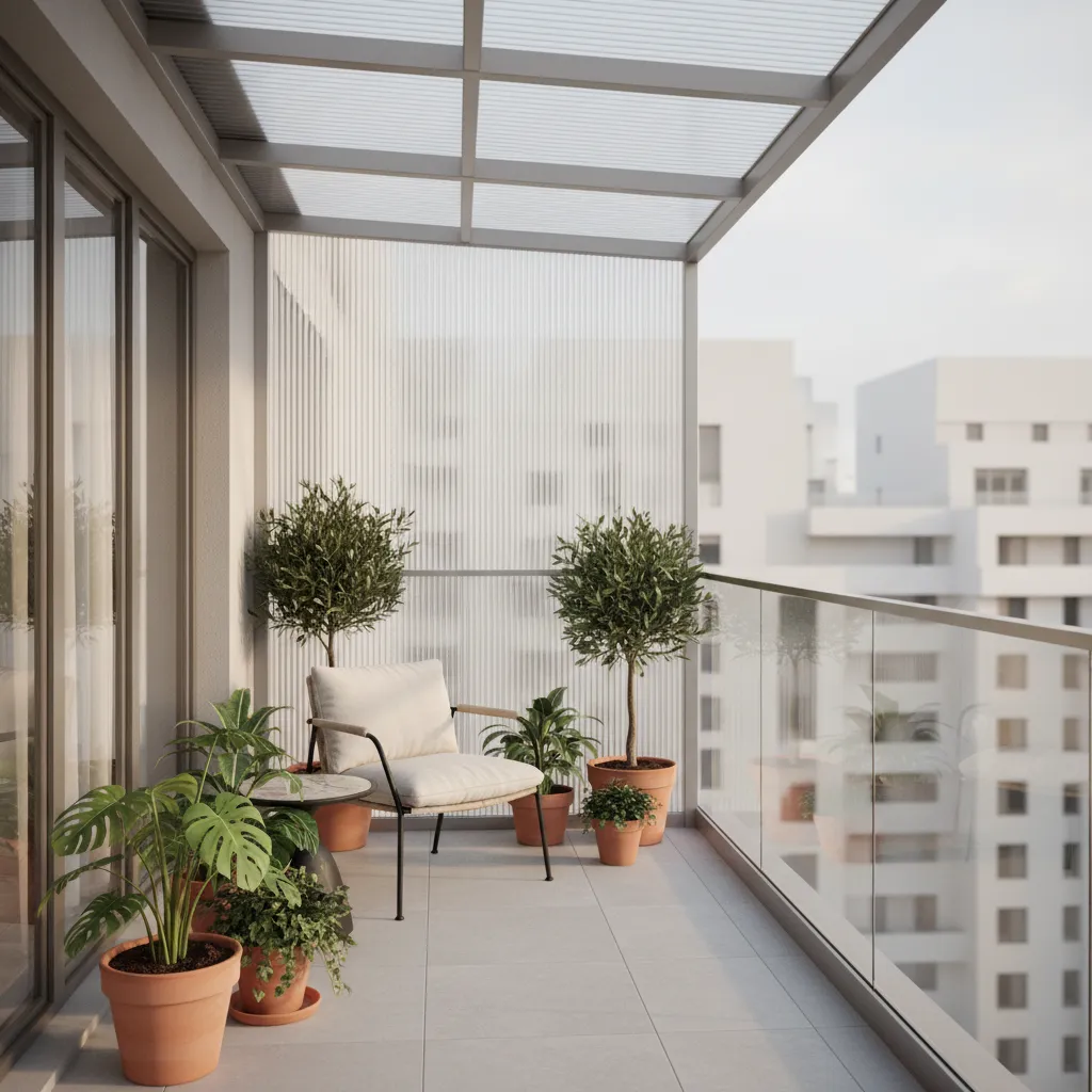 Small apartment balcony with a simple roof cover and cozy seating area