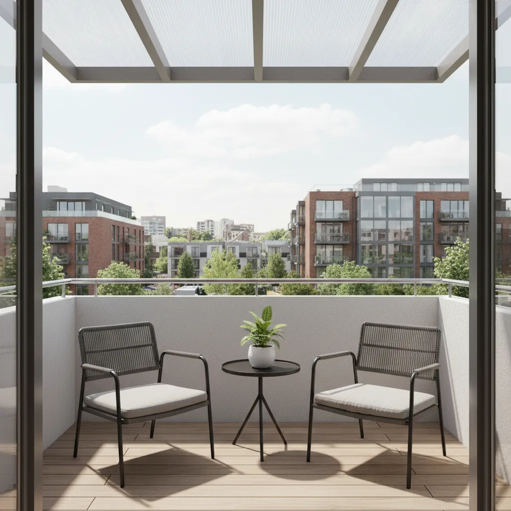 Small apartment balcony with transparent roof covering and outdoor chairs