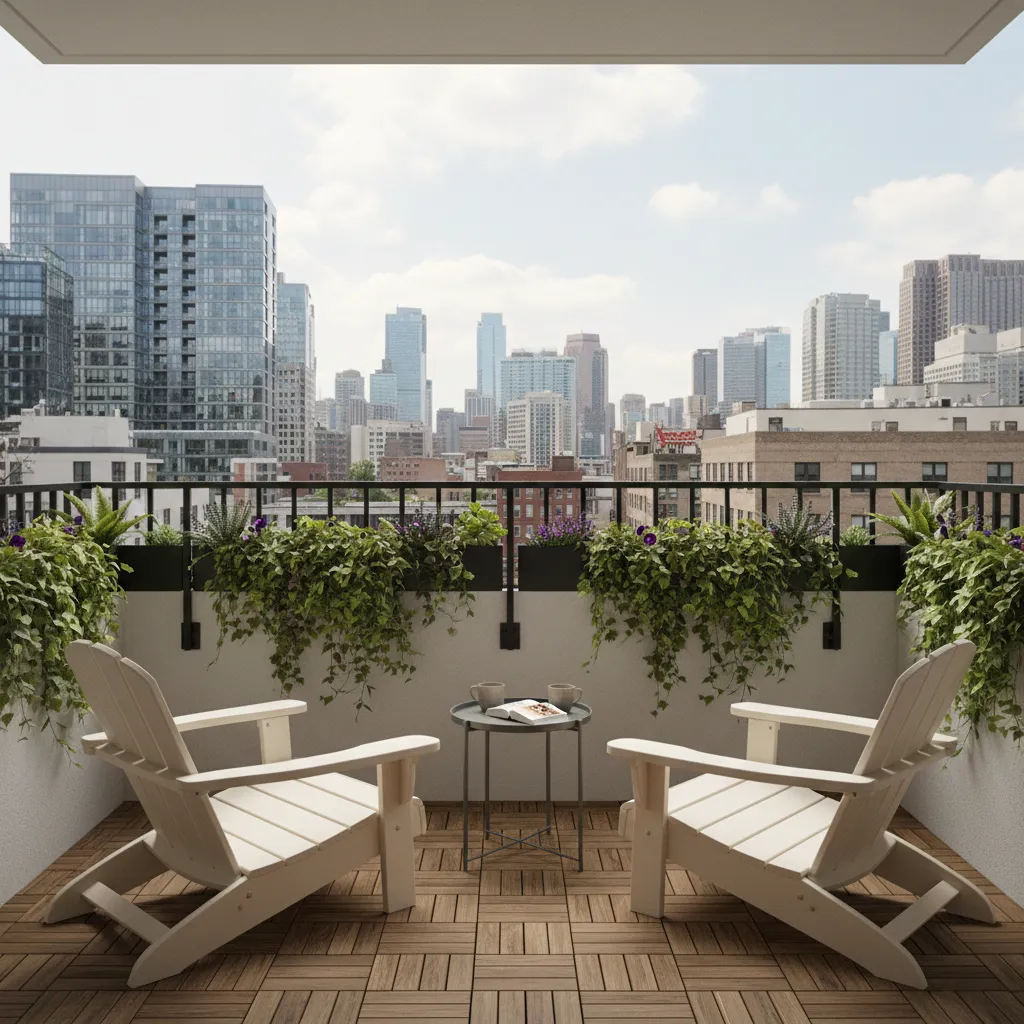 Compact apartment balcony with plants and seating