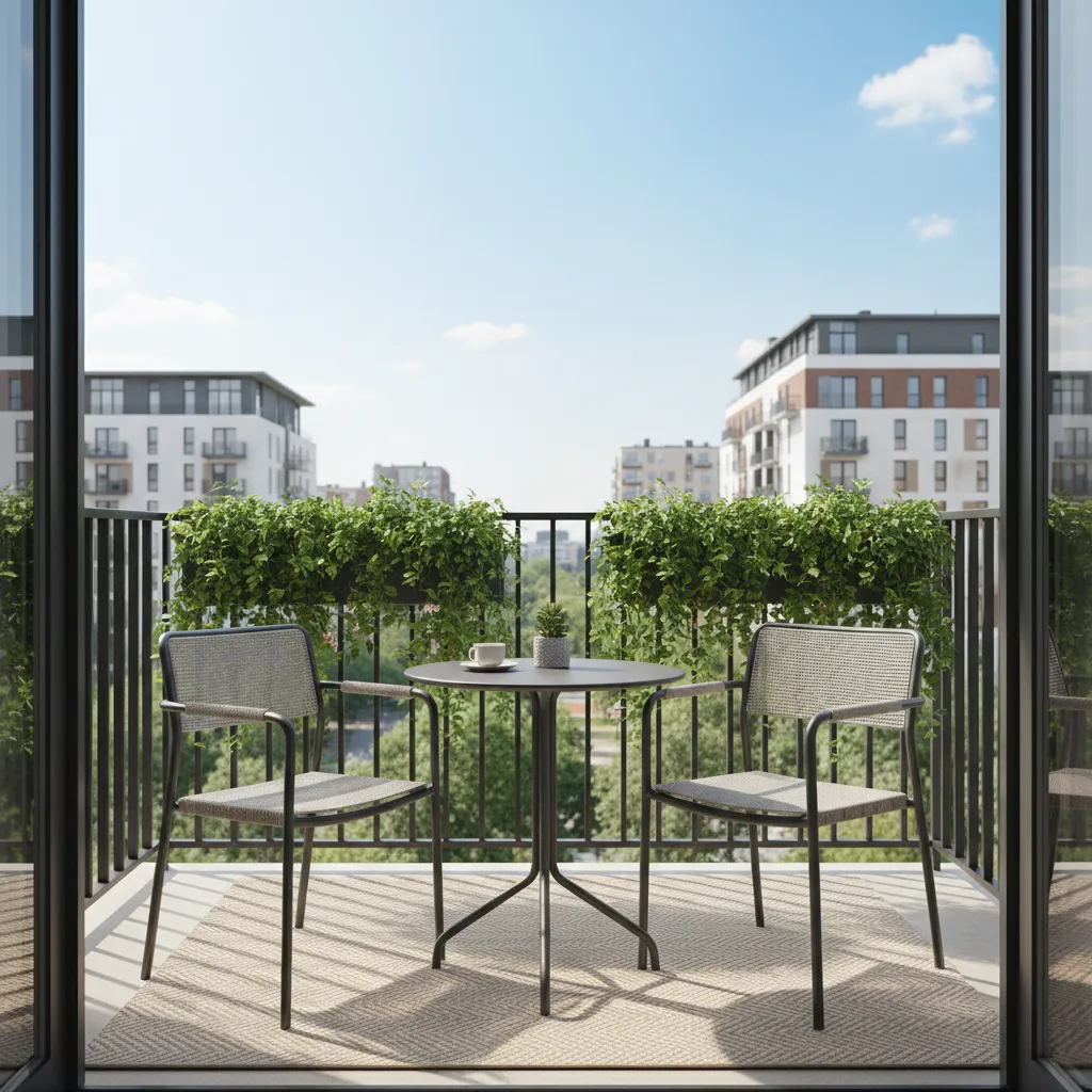 Compact apartment balcony seating with bistro table and plants