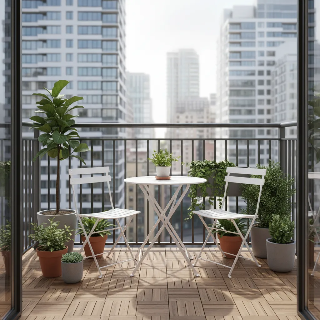 compact apartment balcony with small table chairs and plants