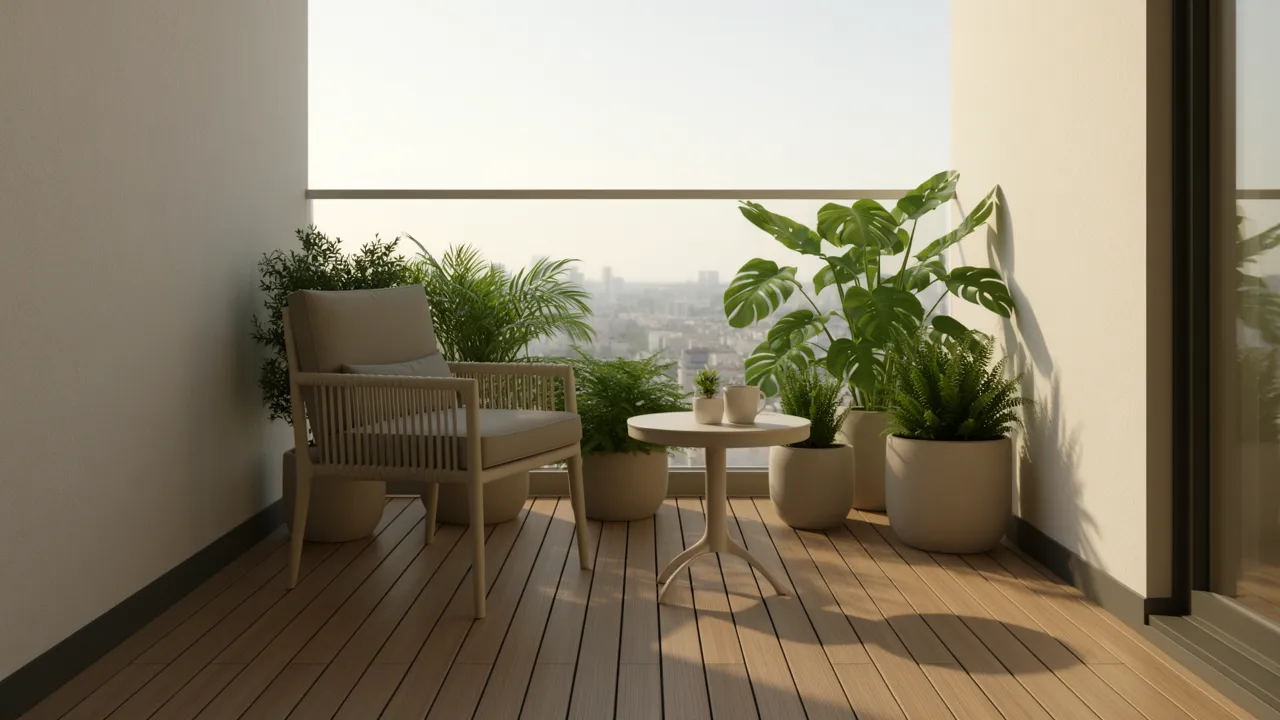Small apartment balcony with compact seating and plants