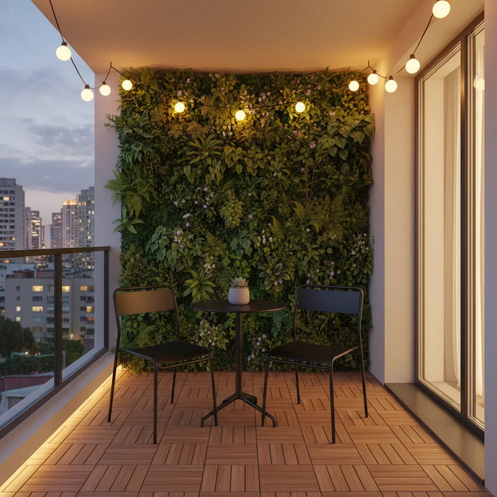 cozy apartment balcony with plants and small seating area