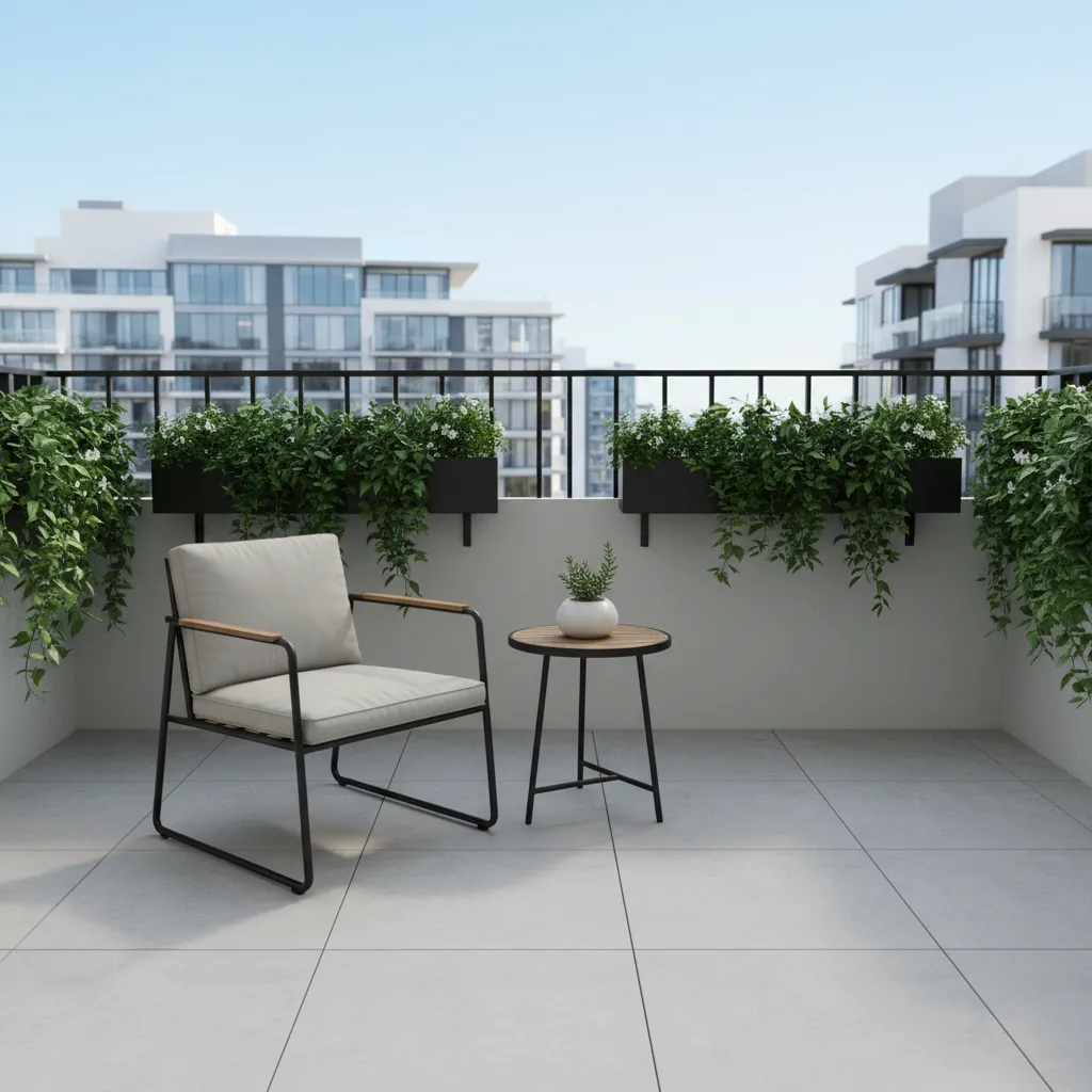 Small apartment balcony with compact seating and plants