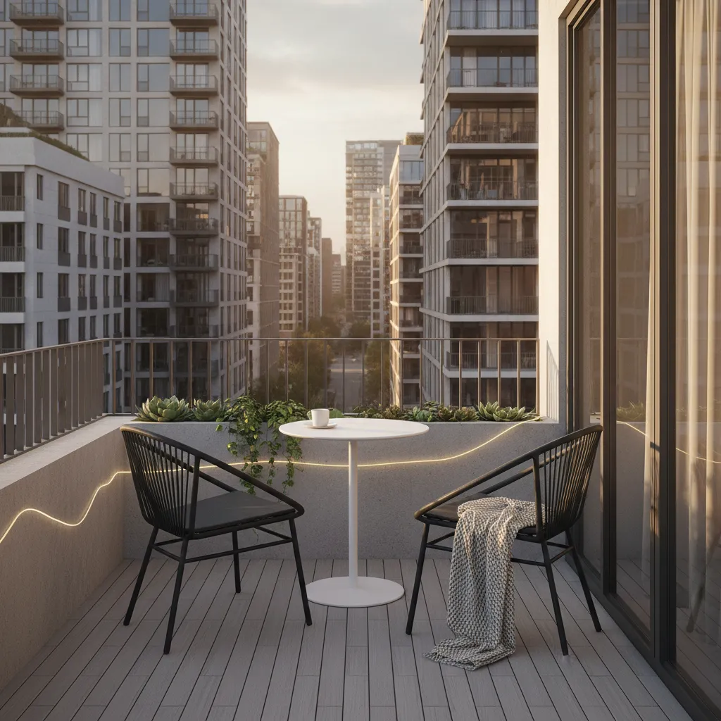 Small apartment balcony with compact seating and plants