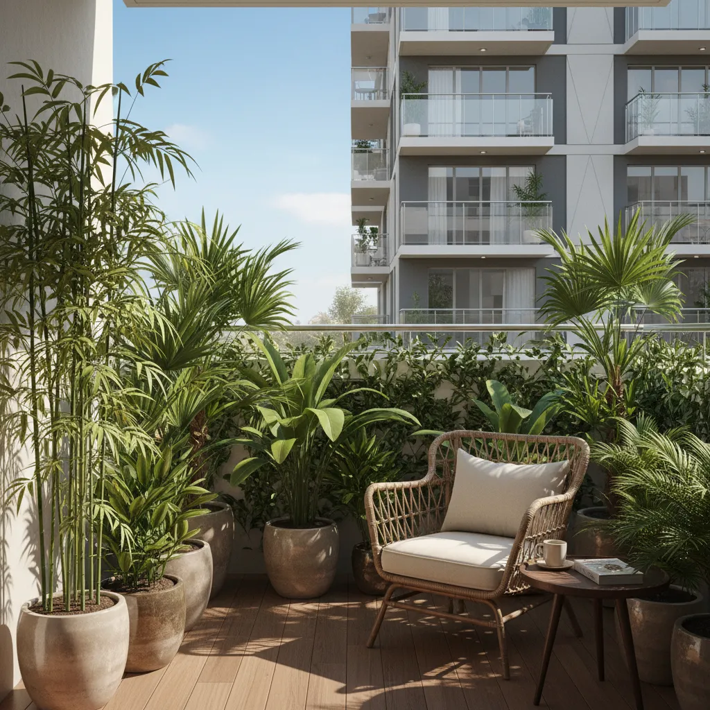 Small apartment balcony with layered plants creating privacy