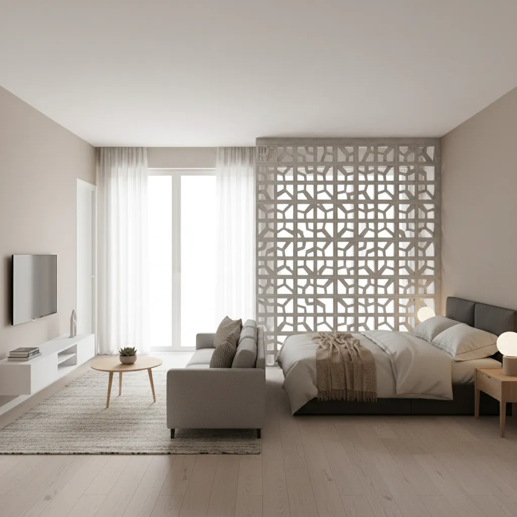 Small apartment with open concrete block divider between living and sleeping area