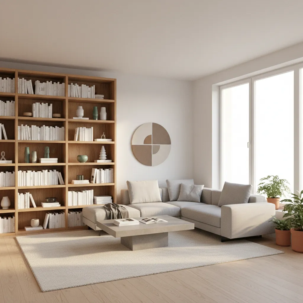 Small apartment layout with decorative bookshelf placed along long wall