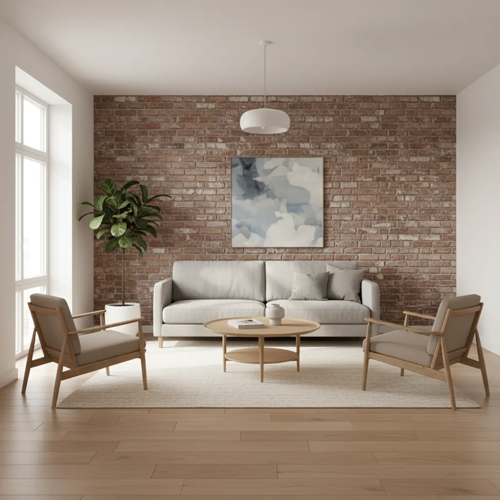 Compact apartment living room with exposed brick accent wall behind sofa