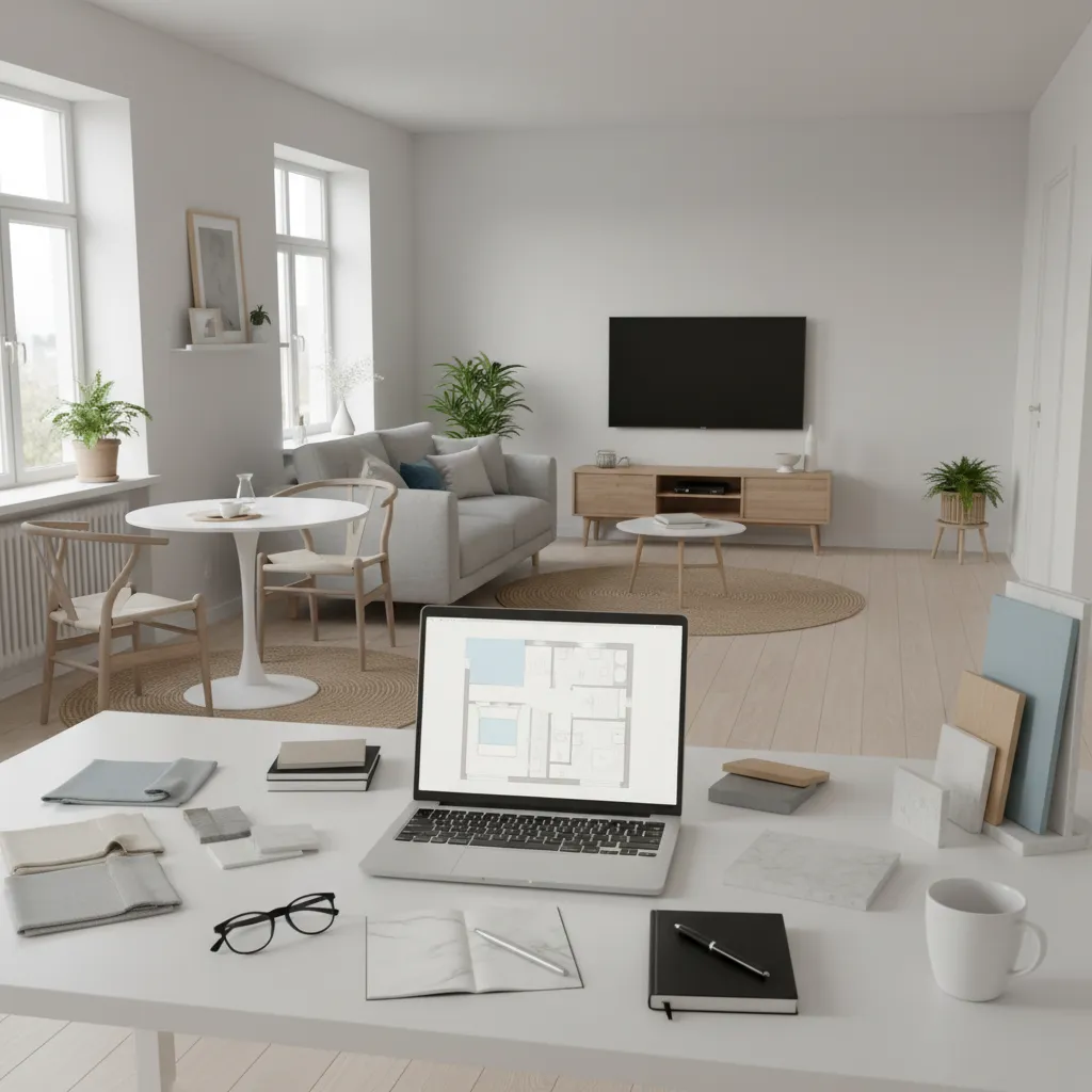 Designer planning furniture layout for a small apartment interior design budget