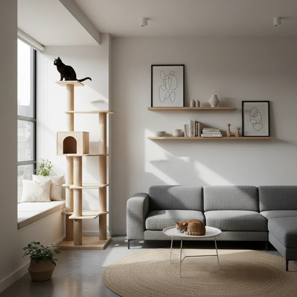 Modern living room with tall cat tree, grey sofa, round rug, coffee table, and cats