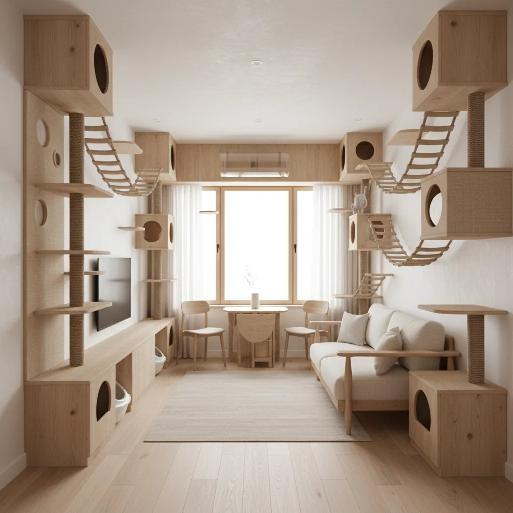 Small living room with wall cat trees, beige sofa, wooden dining table, and big window