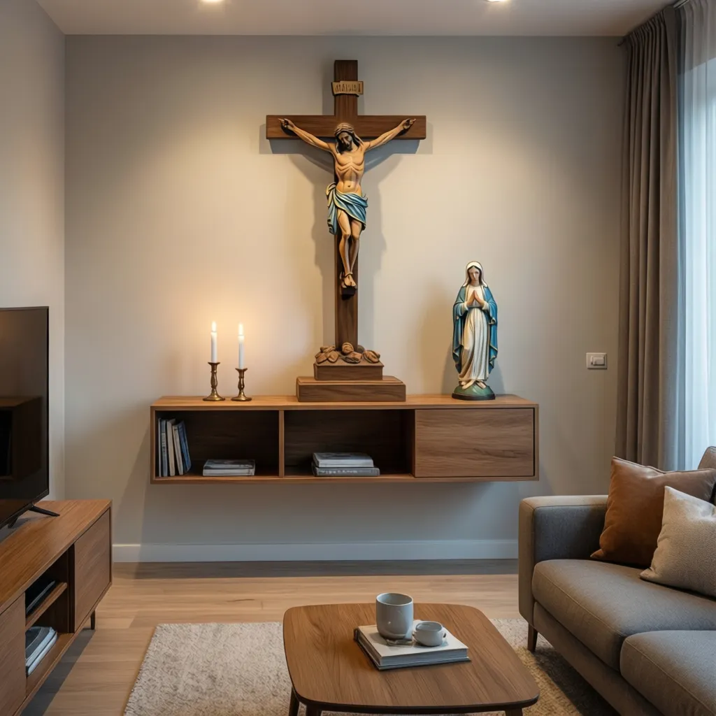 Small apartment Catholic altar on floating shelf with crucifix and candles