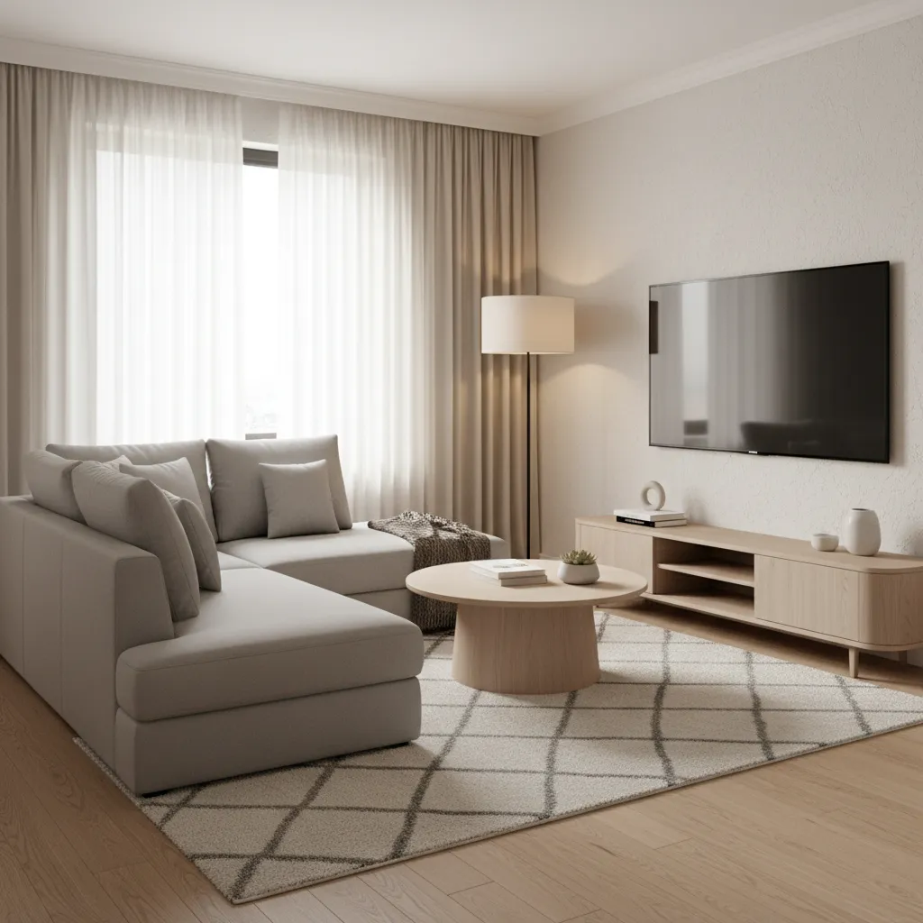 Example layout of a small apartment living room with chaise sofa and round coffee table