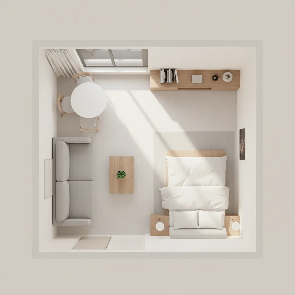 diagram showing clear walking paths in a small apartment layout