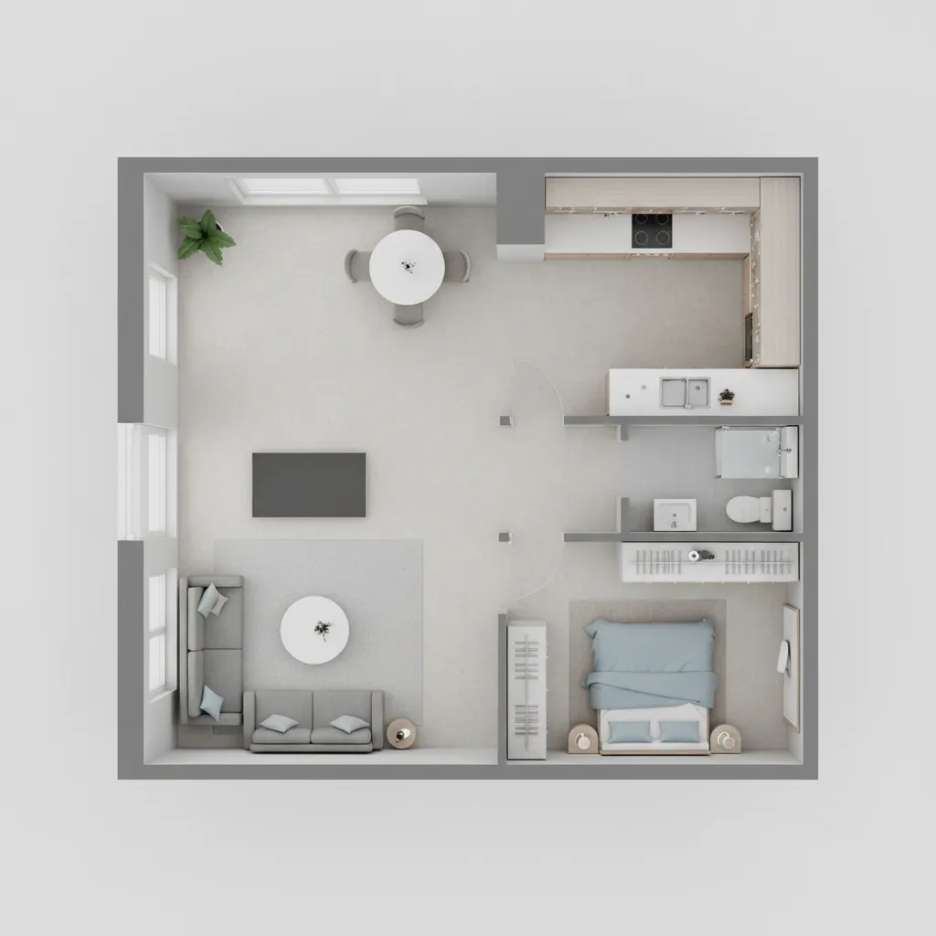 Floor layout visualization showing walking paths and furniture placement in a small apartment