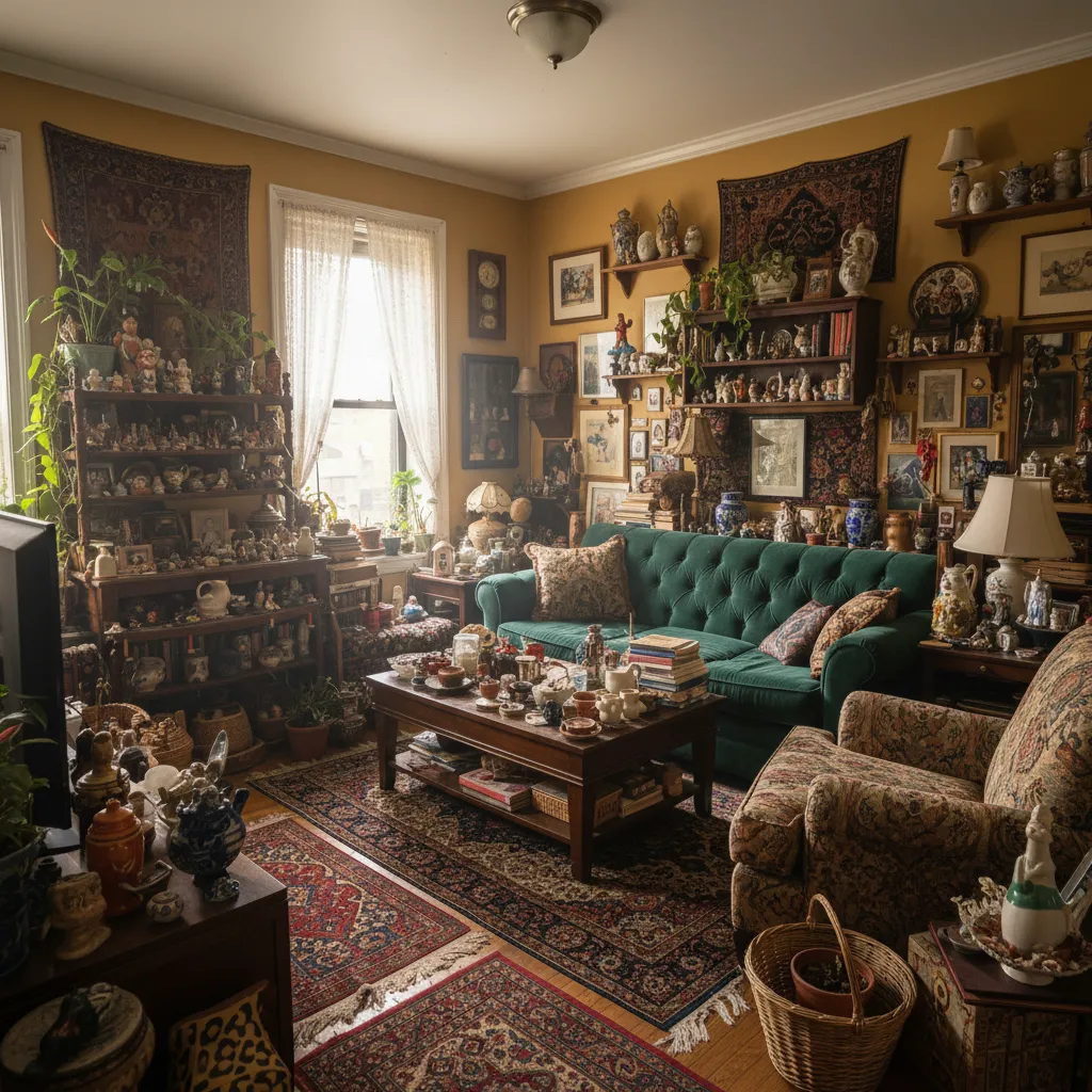 Sala pequeña con demasiados objetos decorativos que reduce la sensación de espacio