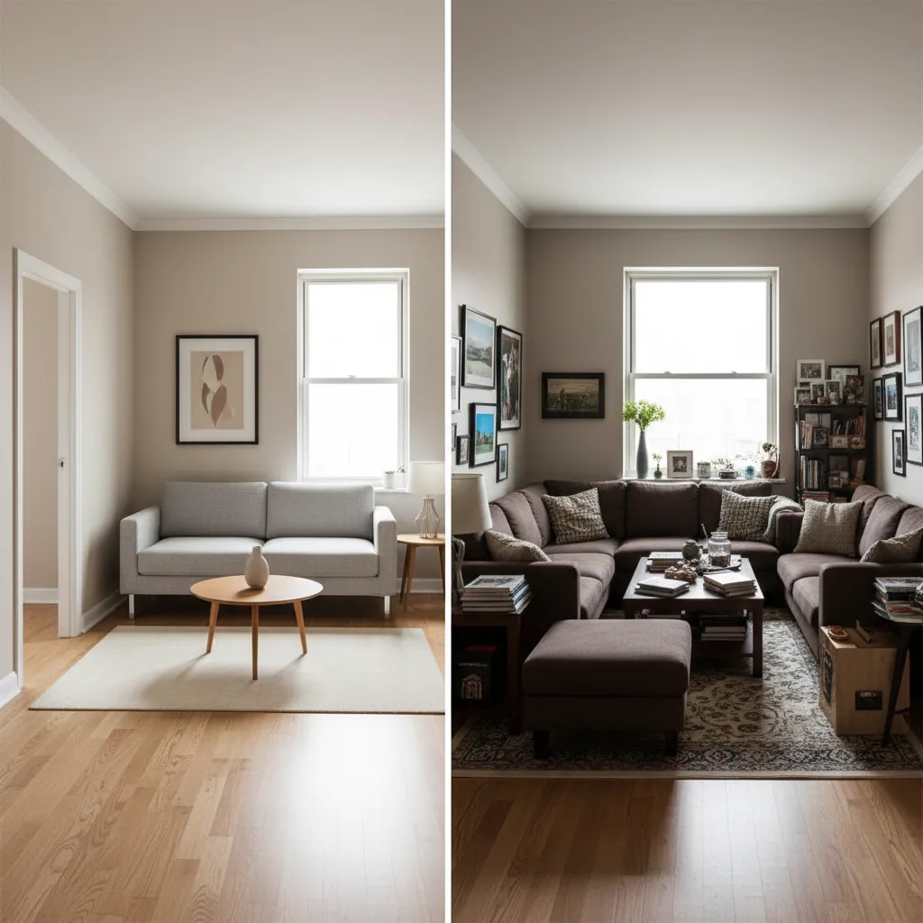comparison of cluttered small apartment layout versus simplified furniture arrangement