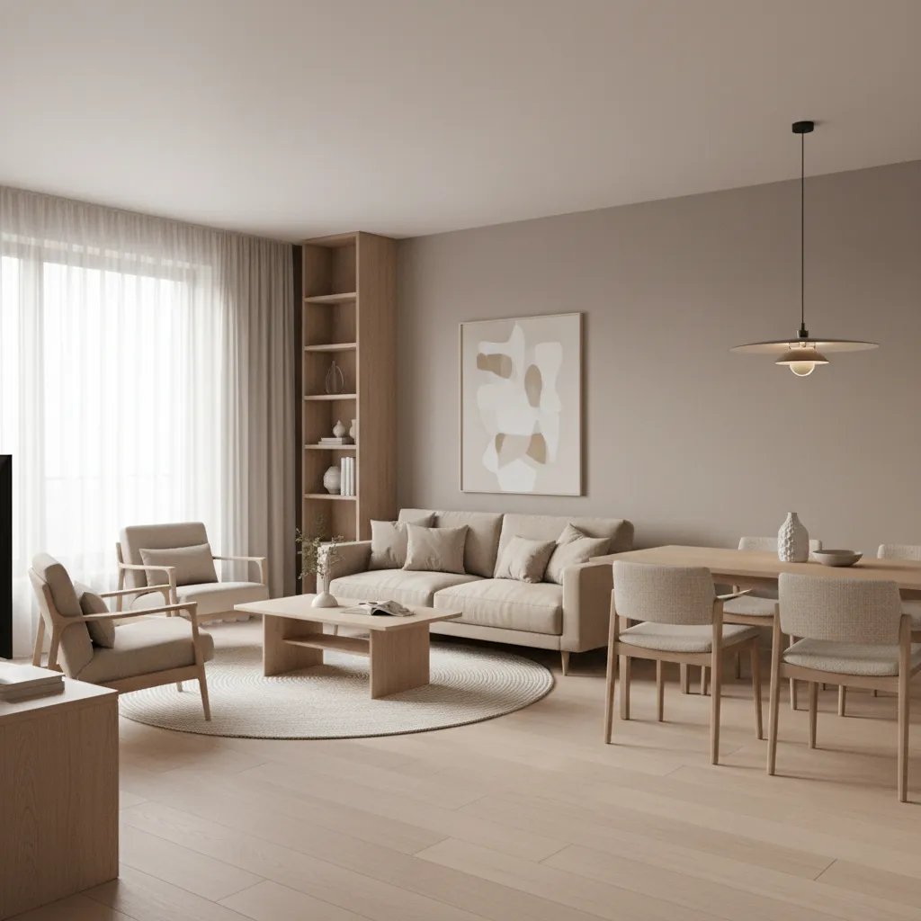 small apartment interior showing consistent colour palette across connected rooms