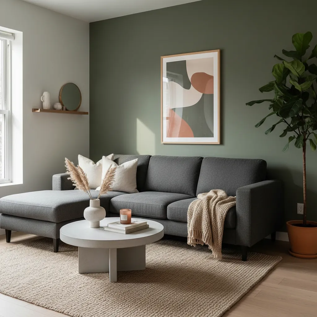 Living room with dark green wall grey sofa round coffee table rug and framed art