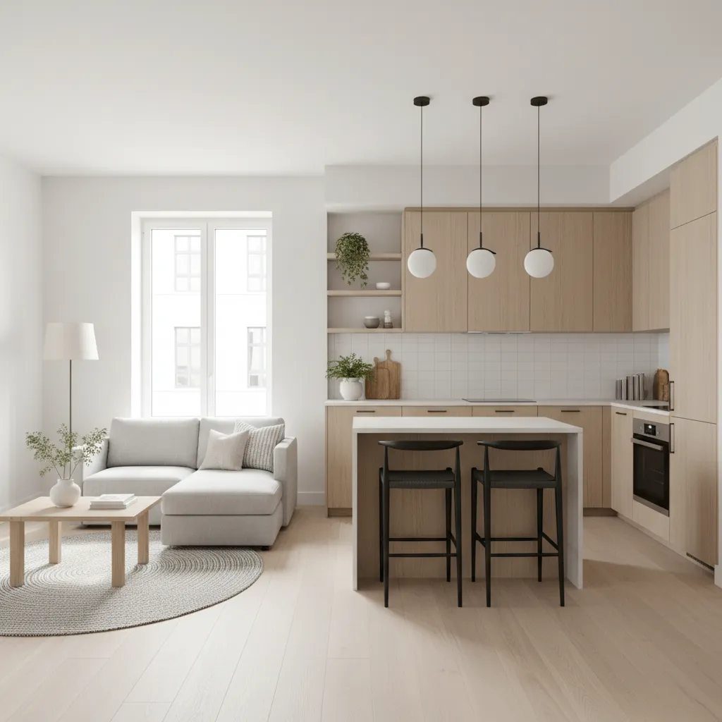 Apartamento pequeño con paleta de colores claros y diseño coherente