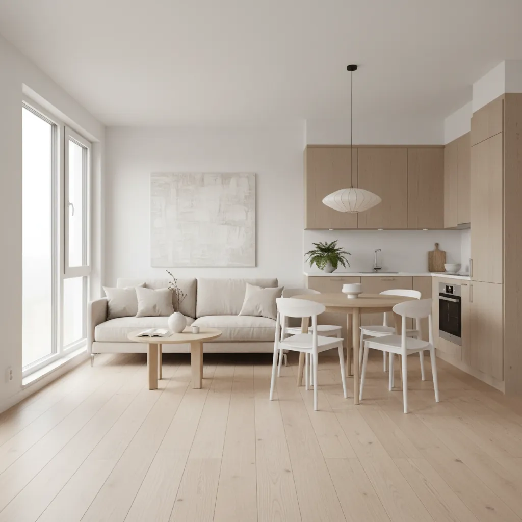 Apartamento pequeño con paleta de colores neutros y madera clara